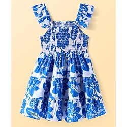 Pine Kids Cotton Woven Frilled Sleeves Frocks with Smock Detailing & Floral Print - Blue & White