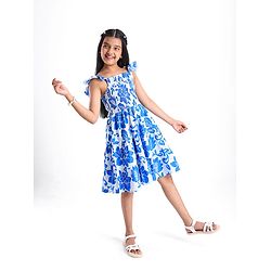 Pine Kids Cotton Woven Frilled Sleeves Frocks with Smock Detailing & Floral Print - Blue & White