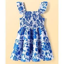 Pine Kids Cotton Woven Frilled Sleeves Frocks with Smock Detailing & Floral Print - Blue & White