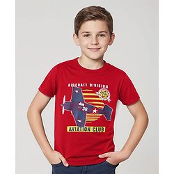 Pine Kids Cotton Knit Half Sleeves T-Shirt With Aircraft Text Print - Red