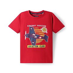 Pine Kids Cotton Knit Half Sleeves T-Shirt With Aircraft Text Print - Red