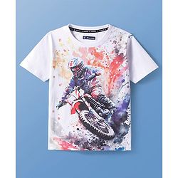 Pine Kids Cotton Knit Half Sleeves T-Shirt With Motocross Print - White