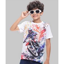 Pine Kids Cotton Knit Half Sleeves T-Shirt With Motocross Print - White