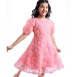 Pine Kids Woven Half Sleeves Sequined & Flower Applique Party Wear Dress - Pink