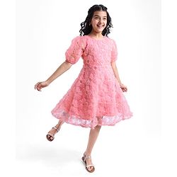 Pine Kids Woven Half Sleeves Sequined & Flower Applique Party Wear Dress - Pink