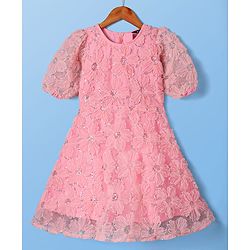 Pine Kids Woven Half Sleeves Sequined & Flower Applique Party Wear Dress - Pink
