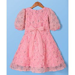 Pine Kids Woven Half Sleeves Sequined & Flower Applique Party Wear Dress - Pink