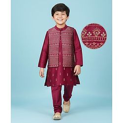 Pine Kids Woven Full Sleeves Floral Printed Kurta Pyjama Set with Emboroidered Nehru Jacket - Maroon