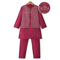 Pine Kids Woven Full Sleeves Floral Printed Kurta Pyjama Set with Emboroidered Nehru Jacket - Maroon