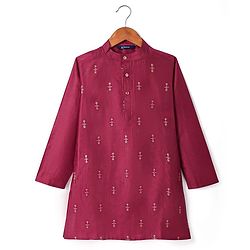 Pine Kids Woven Full Sleeves Floral Printed Kurta Pyjama Set with Emboroidered Nehru Jacket - Maroon