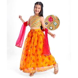 Pine Kids Woven  Singlet Sleeves Mirror & Floral Embroidered Choli Lehenga Set with Dupatta - Mustard