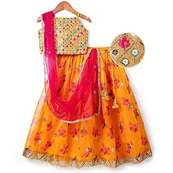 Pine Kids Woven  Singlet Sleeves Mirror & Floral Embroidered Choli Lehenga Set with Dupatta - Mustard