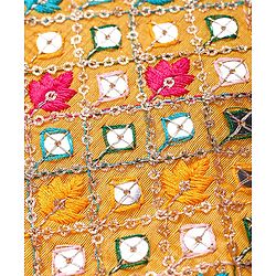Pine Kids Woven  Singlet Sleeves Mirror & Floral Embroidered Choli Lehenga Set with Dupatta - Mustard