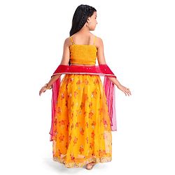 Pine Kids Woven  Singlet Sleeves Mirror & Floral Embroidered Choli Lehenga Set with Dupatta - Mustard