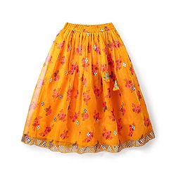 Pine Kids Woven  Singlet Sleeves Mirror & Floral Embroidered Choli Lehenga Set with Dupatta - Mustard