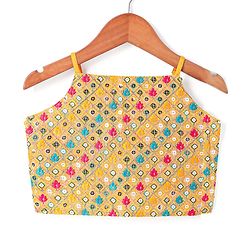 Pine Kids Woven  Singlet Sleeves Mirror & Floral Embroidered Choli Lehenga Set with Dupatta - Mustard