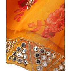 Pine Kids Woven  Singlet Sleeves Mirror & Floral Embroidered Choli Lehenga Set with Dupatta - Mustard