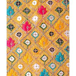 Pine Kids Woven  Singlet Sleeves Mirror & Floral Embroidered Choli Lehenga Set with Dupatta - Mustard