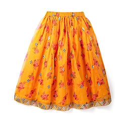 Pine Kids Woven  Singlet Sleeves Mirror & Floral Embroidered Choli Lehenga Set with Dupatta - Mustard