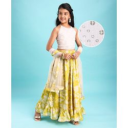 Pine Kids Woven Sleeveless Sequins Detailing Choli with Floral Printed Lehenga & Dupatta Set - Mustard & White