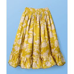 Pine Kids Woven Sleeveless Sequins Detailing Choli with Floral Printed Lehenga & Dupatta Set - Mustard & White