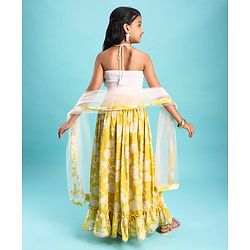 Pine Kids Woven Sleeveless Sequins Detailing Choli with Floral Printed Lehenga & Dupatta Set - Mustard & White