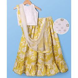 Pine Kids Woven Sleeveless Sequins Detailing Choli with Floral Printed Lehenga & Dupatta Set - Mustard & White