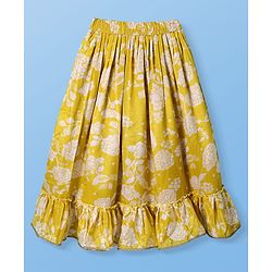 Pine Kids Woven Sleeveless Sequins Detailing Choli with Floral Printed Lehenga & Dupatta Set - Mustard & White