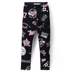Pine Kids Cotton Lycra Knit Full Length Leggings Text Print - Black