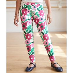 Pine Kids Cotton Lycra Knit Full Length Legging With Floral Print - White