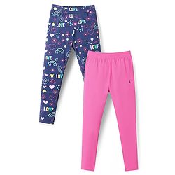 Pine Kids Cotton Lycra Knit Full Length Solid & Floral Printed Leggings Pack of 2 - Navy Blue & Dark Pink