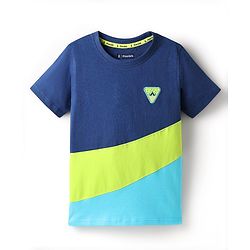 Pine Kids Cotton Knit Half Sleeves Cut & Sew T-Shirt with Patch Detailing - Navy Blue