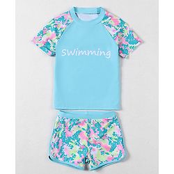 Pine Active Half Sleeves Printed Two Piece Swimsuit - Blue