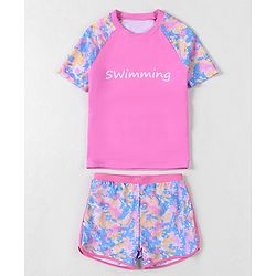Pine Active Half Sleeves Printed Two Piece Swimsuit - Pink