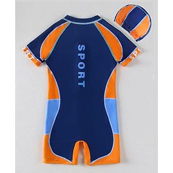 Pine Kids Half Sleeves Legged Swimsuit with Cap Abstract Print - Navy Blue