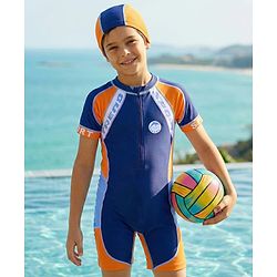 Pine Kids Half Sleeves Legged Swimsuit with Cap Abstract Print - Navy Blue