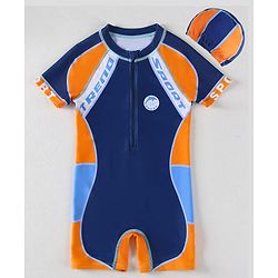 Pine Kids Half Sleeves Legged Swimsuit with Cap Abstract Print - Navy Blue