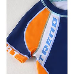 Pine Kids Half Sleeves Legged Swimsuit with Cap Abstract Print - Navy Blue