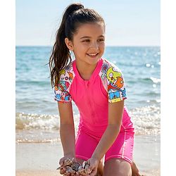 Pine Kids Half Sleeves Legged Swimsuit Animal Print - Fuschia