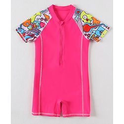 Pine Kids Half Sleeves Legged Swimsuit Animal Print - Fuschia