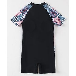 Pine Kids Half Sleeves Legged Swimsuit Leaf Print - Black