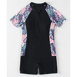 Pine Kids Half Sleeves Legged Swimsuit Leaf Print - Black