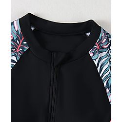Pine Kids Half Sleeves Legged Swimsuit Leaf Print - Black