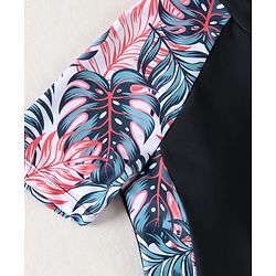 Pine Kids Half Sleeves Legged Swimsuit Leaf Print - Black