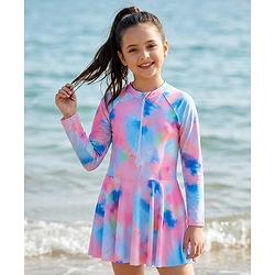 Pine Kids Full Sleeves Frock Style Swimsuit Tie  & Dye Print - Multicolor