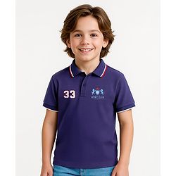 Pine Kids Cotton Knit Half Sleeves Polo T-Shirt with Text Print - Navy Blue