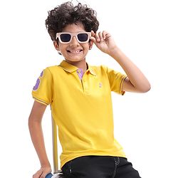 Pine Kids Cotton Knit Half Sleeves Polo T-Shirt with Text Print - Mustard Yellow