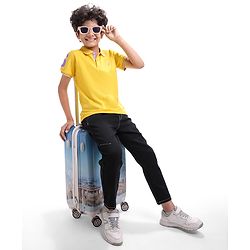 Pine Kids Cotton Knit Half Sleeves Polo T-Shirt with Text Print - Mustard Yellow
