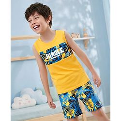 Pine Kids Single Jersey Knit Sleeveless Shorts Night Suit With Leaf Print - Yellow & Blue