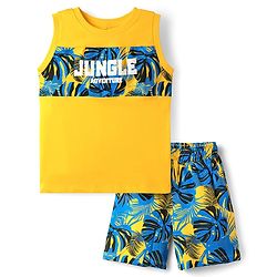 Pine Kids Single Jersey Knit Sleeveless Shorts Night Suit With Leaf Print - Yellow & Blue